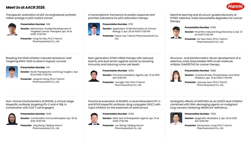 <사진>&nbsp;한미약품이 AACR 2026에서 발표하는 주요 연구 포스터 초록 소개(출처:&nbsp;한미약품 홈페이지).